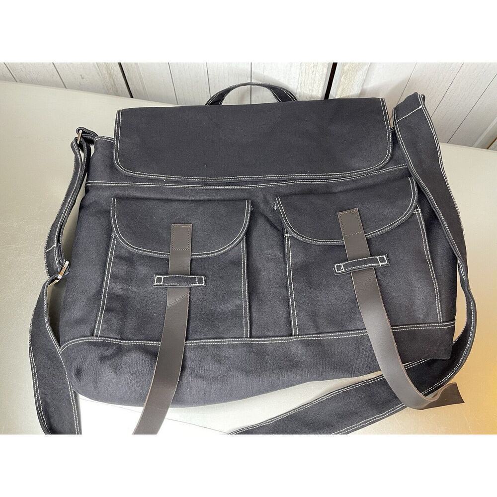 Christy Studio Black Canvas Multi Pocket Shoulder Bag Leather Accents